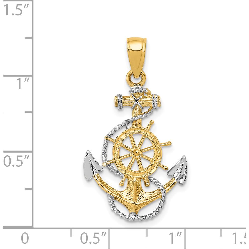 14K Yellow Gold and White Rhodium Anchor with Ship's Wheel Pendant - Nautical Themed 31mm Length by Oro Pregiato