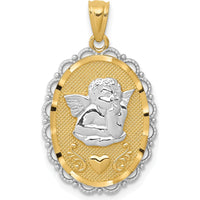 14K Yellow Gold and White Rhodium Angel Scalloped Edge Oval Pendant by Oro Pregiato