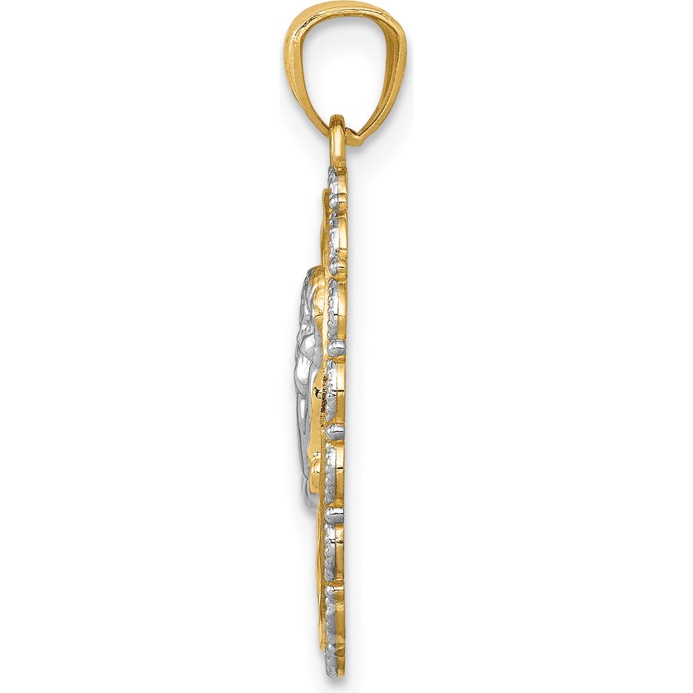 14K Yellow Gold and White Rhodium Angel Scalloped Edge Oval Pendant by Oro Pregiato