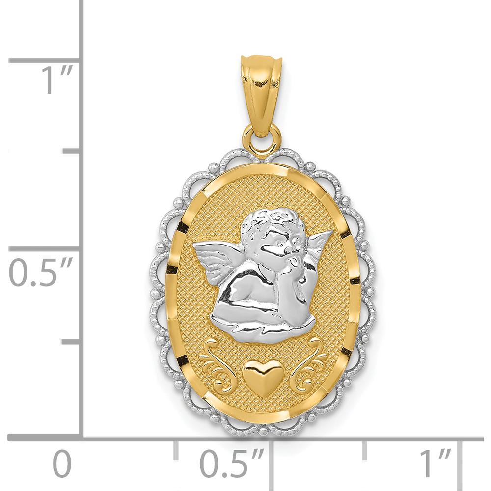 14K Yellow Gold and White Rhodium Angel Scalloped Edge Oval Pendant by Oro Pregiato