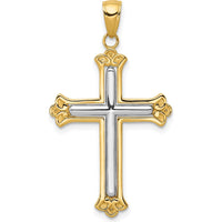14K Yellow Gold and White Rhodium Budded Cross Frame Pendant - 39mm Length by Oro Pregiato
