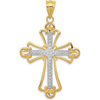 14K Yellow Gold and White Rhodium Budded Cross Pendant - 38mm Length by Oro Pregiato
