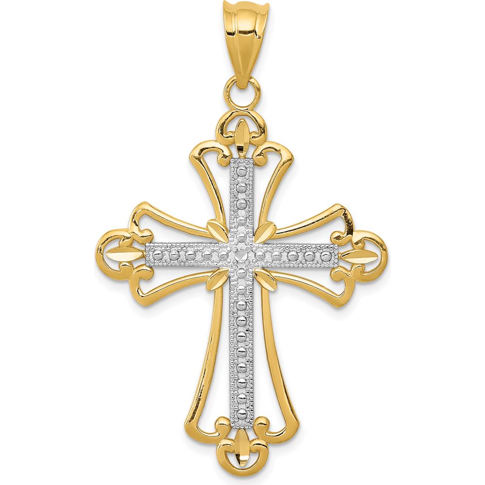 14K Yellow Gold and White Rhodium Budded Cross Pendant - 38mm Length by Oro Pregiato