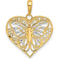 14K Yellow Gold and White Rhodium Butterfly Heart Pendant with Diamond-Cut Texture by Oro Pregiato