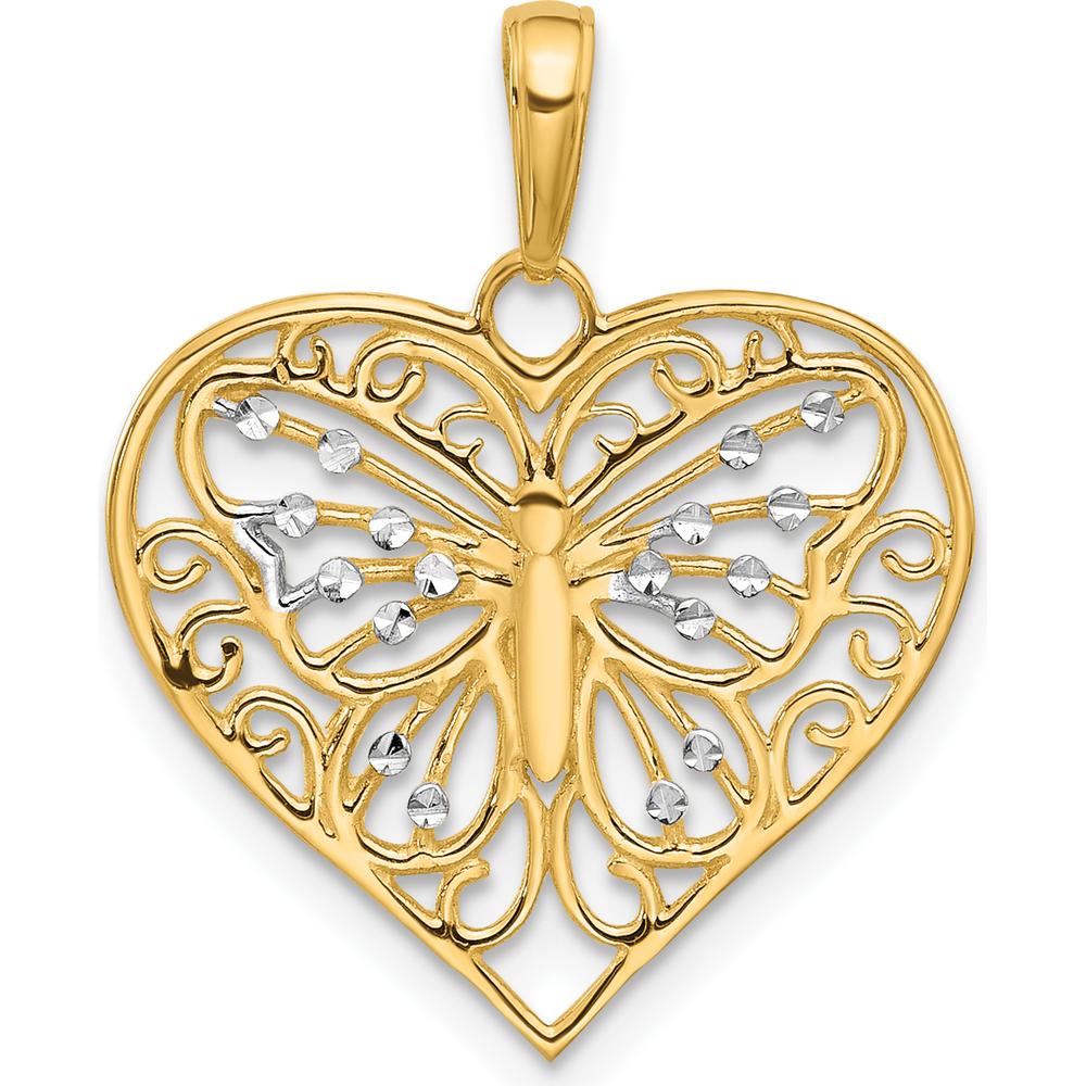 14K Yellow Gold and White Rhodium Butterfly Heart Pendant with Diamond-Cut Texture by Oro Pregiato
