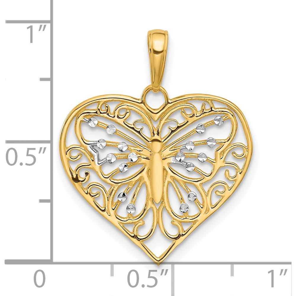 14K Yellow Gold and White Rhodium Butterfly Heart Pendant with Diamond-Cut Texture by Oro Pregiato
