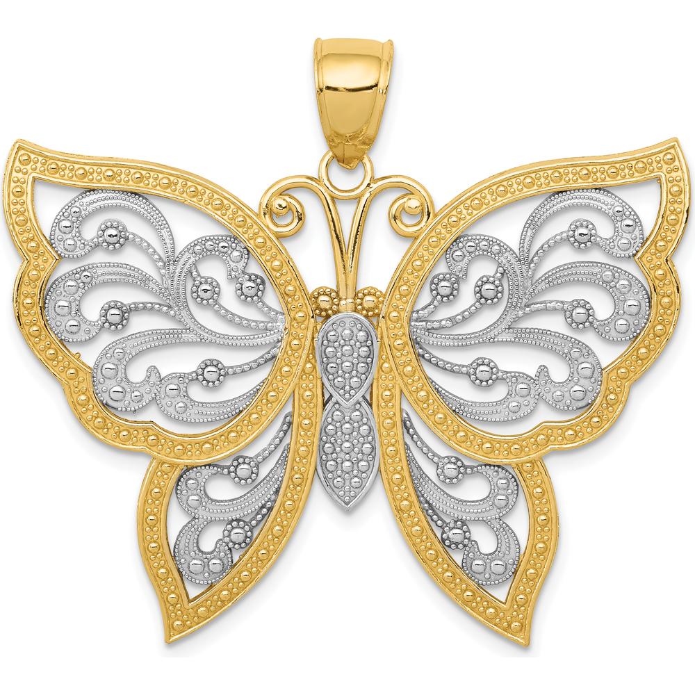 14K Yellow Gold and White Rhodium Butterfly Pendant with Diamond-Cut Detailing by Oro Pregiato