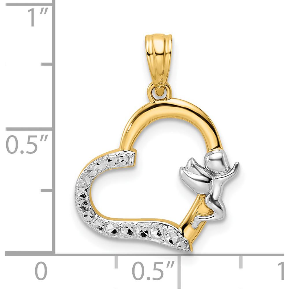 14K Yellow Gold and White Rhodium Cherub on Heart Pendant - Timeless Angelic Charm by Oro Pregiato