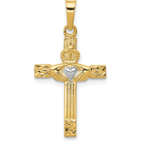14K Yellow Gold and White Rhodium Claddagh Cross Pendant - Polished Finish, 28mm Length by Oro Pregiato