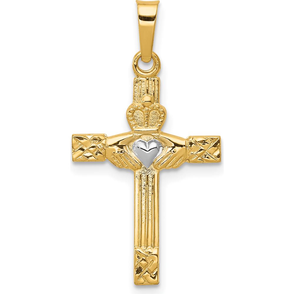 14K Yellow Gold and White Rhodium Claddagh Cross Pendant - Polished Finish, 28mm Length by Oro Pregiato