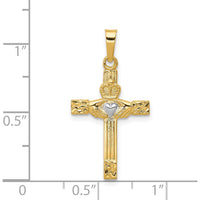 14K Yellow Gold and White Rhodium Claddagh Cross Pendant - Polished Finish, 28mm Length by Oro Pregiato