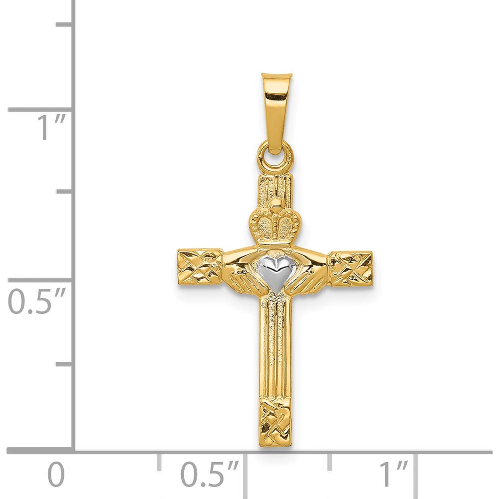 14K Yellow Gold and White Rhodium Claddagh Cross Pendant - Polished Finish, 28mm Length by Oro Pregiato