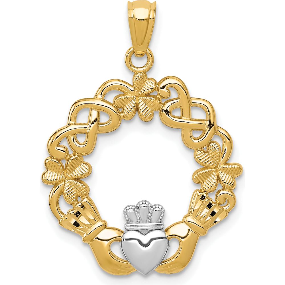 14K Yellow Gold and White Rhodium Claddagh Pendant with Textured Detail - 28mm Length by Oro Pregiato