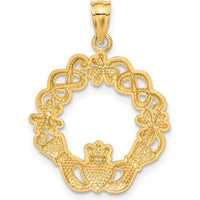 14K Yellow Gold and White Rhodium Claddagh Pendant with Textured Detail - 28mm Length by Oro Pregiato