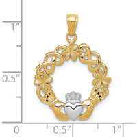 14K Yellow Gold and White Rhodium Claddagh Pendant with Textured Detail - 28mm Length by Oro Pregiato