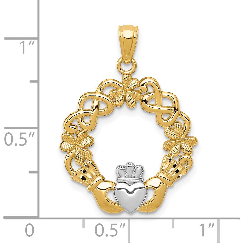 14K Yellow Gold and White Rhodium Claddagh Pendant with Textured Detail - 28mm Length by Oro Pregiato