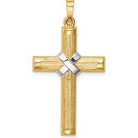 14K Yellow Gold and White Rhodium Cross Pendant - Polished Hollow Design with Striped Texture by Oro Pregiato