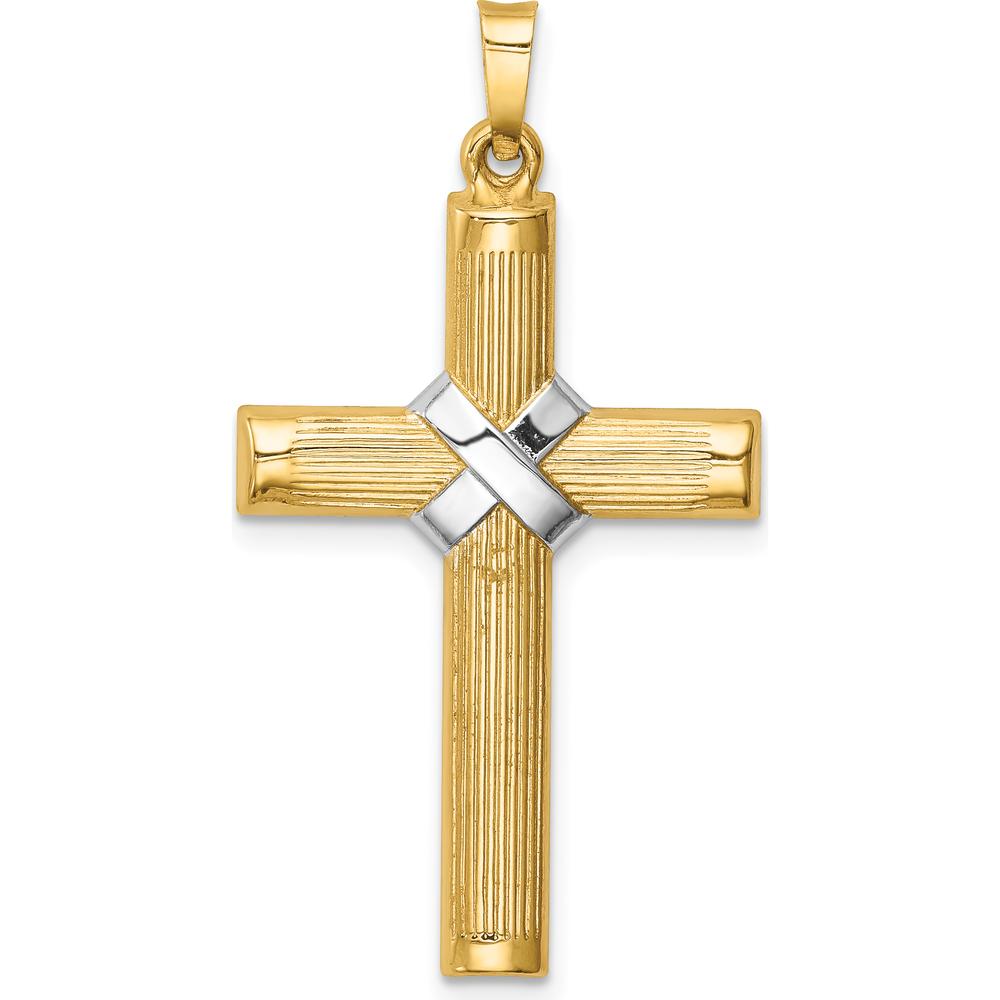 14K Yellow Gold and White Rhodium Cross Pendant - Polished Hollow Design with Striped Texture by Oro Pregiato