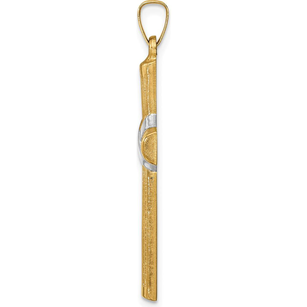 14K Yellow Gold and White Rhodium Cross Pendant - Polished Hollow Design with Striped Texture by Oro Pregiato