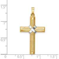 14K Yellow Gold and White Rhodium Cross Pendant - Polished Hollow Design with Striped Texture by Oro Pregiato