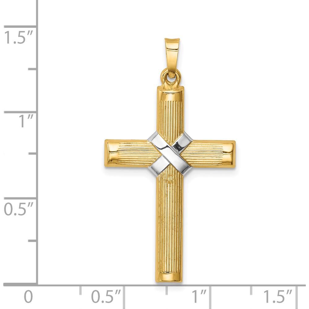 14K Yellow Gold and White Rhodium Cross Pendant - Polished Hollow Design with Striped Texture by Oro Pregiato