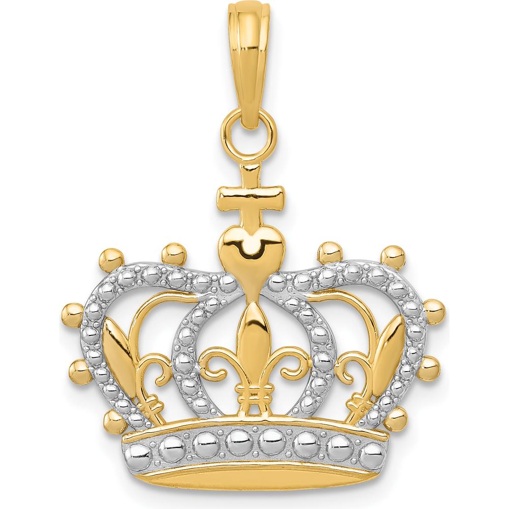 14K Yellow Gold and White Rhodium Crown Pendant with Beaded Detailing by Oro Pregiato
