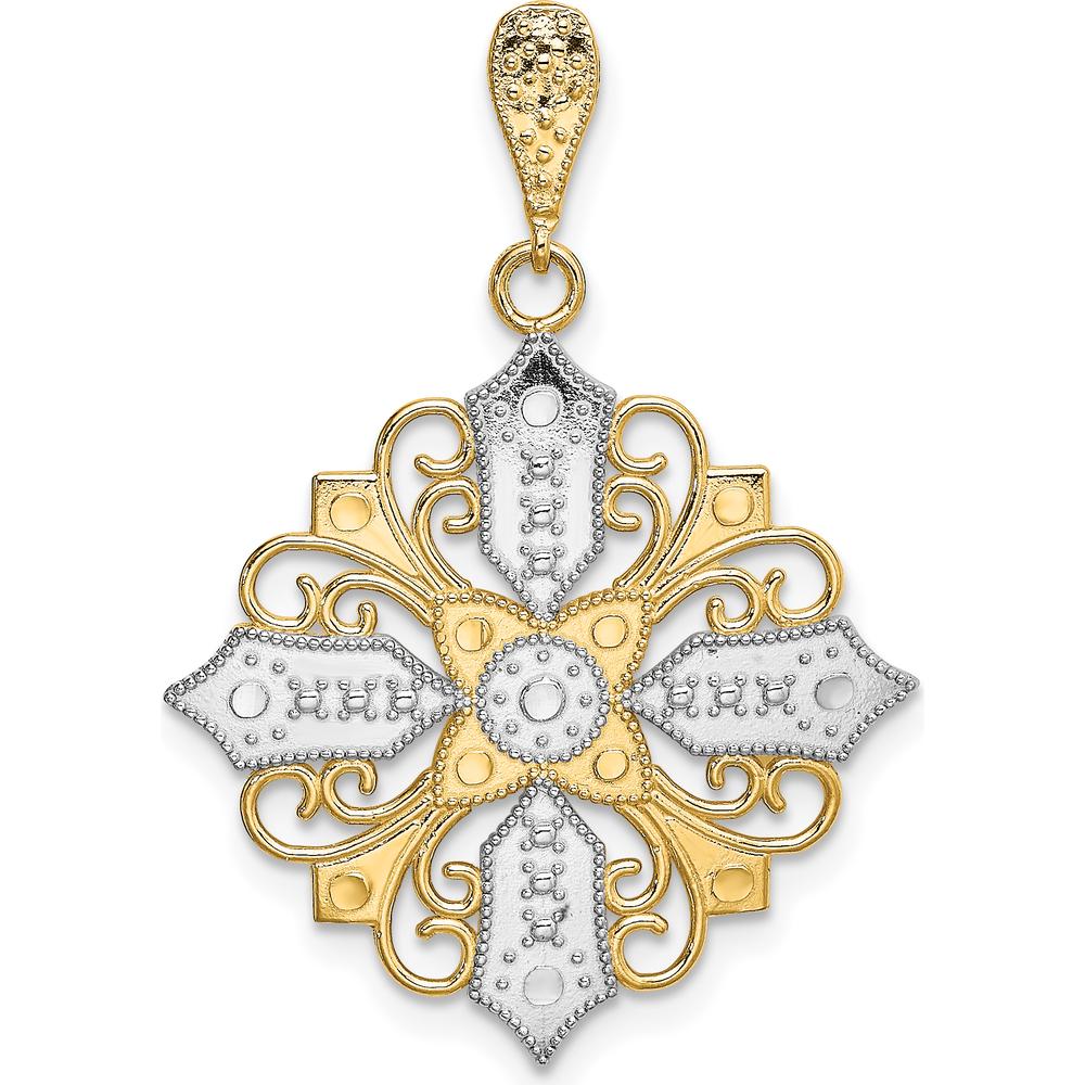 14K Yellow Gold and White Rhodium Cut-out Cross Medallion Charm Pendant - Textured Design by Oro Pregiato