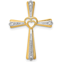 14K Yellow Gold and White Rhodium Diamond Cross Pendant with Heart Detail - 0.012 Carat Total Diamond Weight by Monteluci Fine Jewelry