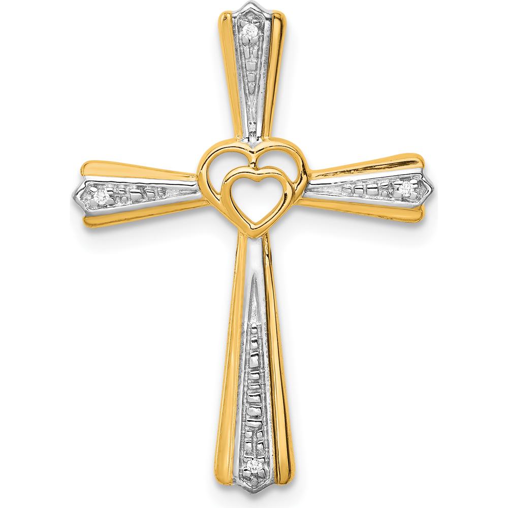 14K Yellow Gold and White Rhodium Diamond Cross Pendant with Heart Detail - 0.012 Carat Total Diamond Weight by Monteluci Fine Jewelry