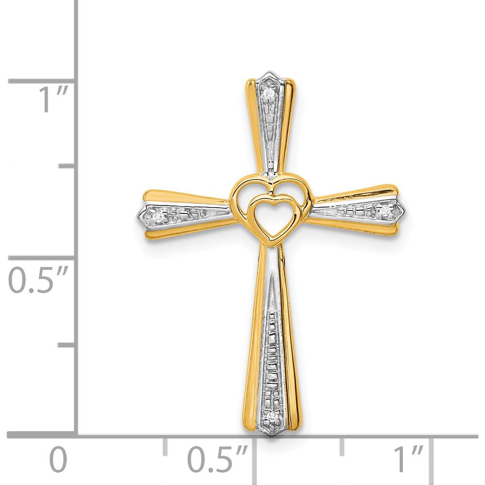 14K Yellow Gold and White Rhodium Diamond Cross Pendant with Heart Detail - 0.012 Carat Total Diamond Weight by Monteluci Fine Jewelry