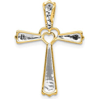 14K Yellow Gold and White Rhodium Diamond Cross Pendant with Heart Detail - 0.012 Carat Total Diamond Weight by Monteluci Fine Jewelry