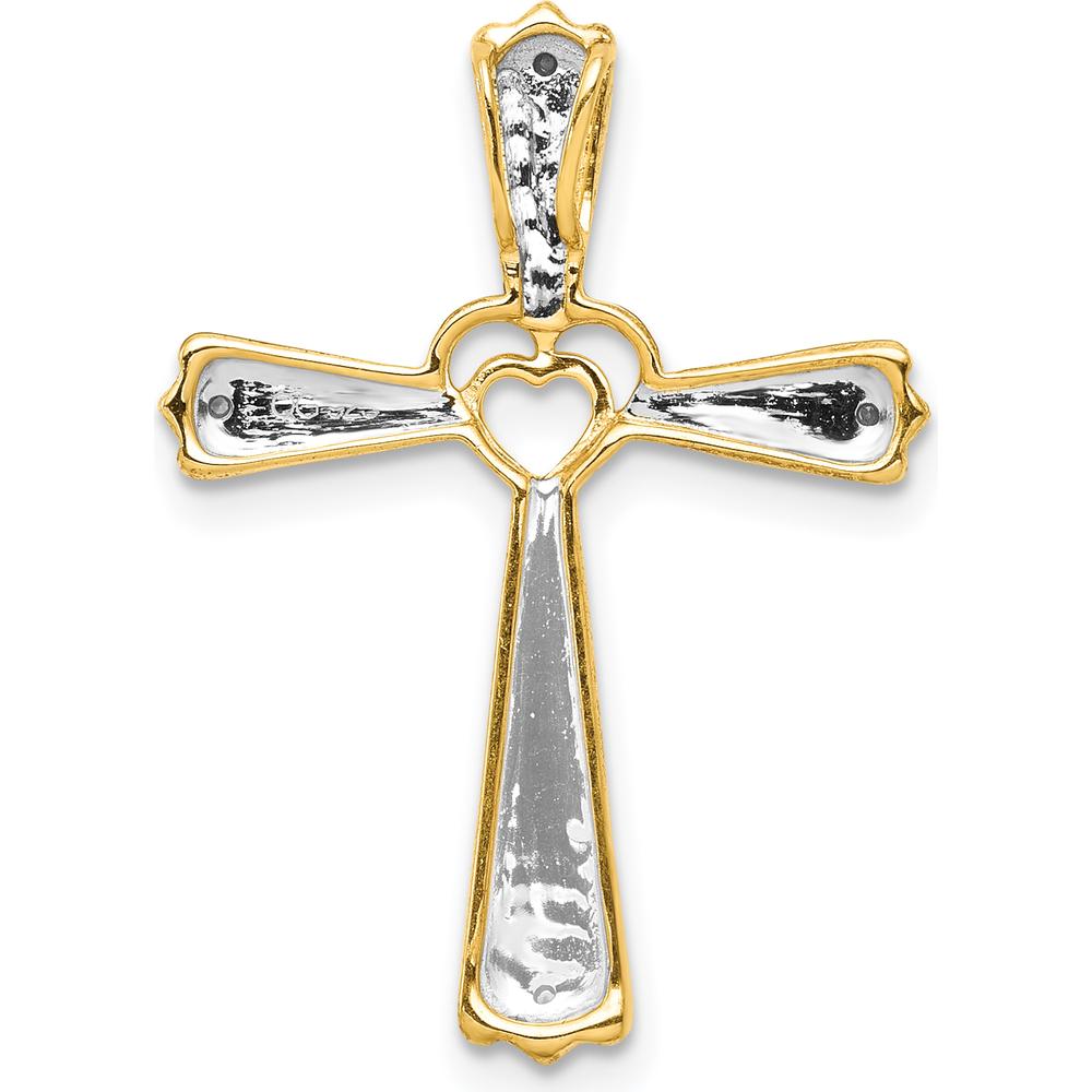 14K Yellow Gold and White Rhodium Diamond Cross Pendant with Heart Detail - 0.012 Carat Total Diamond Weight by Monteluci Fine Jewelry