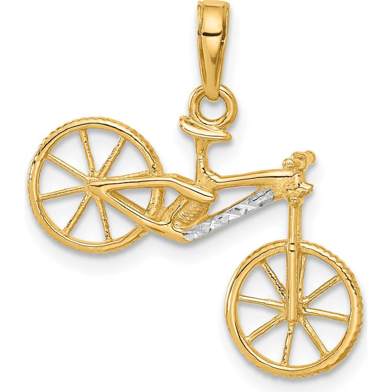 14K Yellow Gold and White Rhodium Diamond-Cut 3D Bicycle Pendant by Oro Pregiato