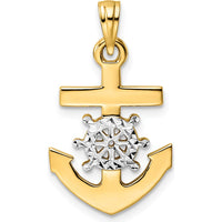 14K Yellow Gold and White Rhodium Diamond-Cut Anchor and Ship's Wheel Pendant - 26.27mm Length by Oro Pregiato