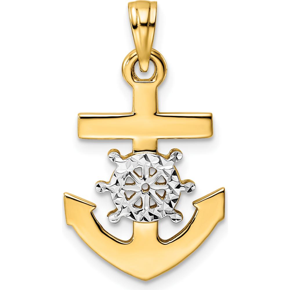 14K Yellow Gold and White Rhodium Diamond-Cut Anchor and Ship's Wheel Pendant - 26.27mm Length by Oro Pregiato