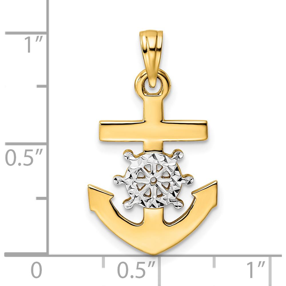 14K Yellow Gold and White Rhodium Diamond-Cut Anchor and Ship's Wheel Pendant - 26.27mm Length by Oro Pregiato