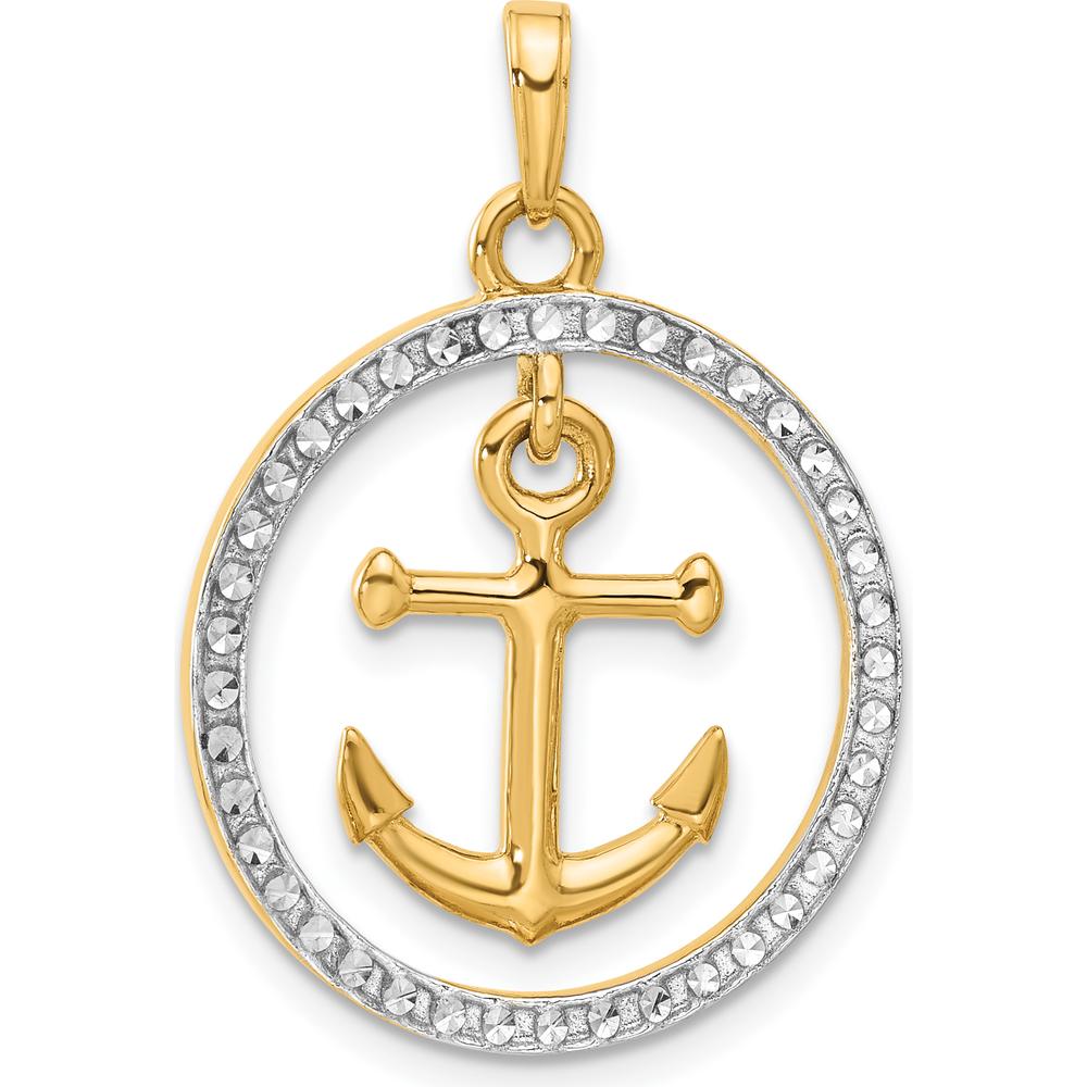 14K Yellow Gold and White Rhodium Diamond-Cut Anchor Dangle Pendant - 31.25mm Length by Oro Pregiato
