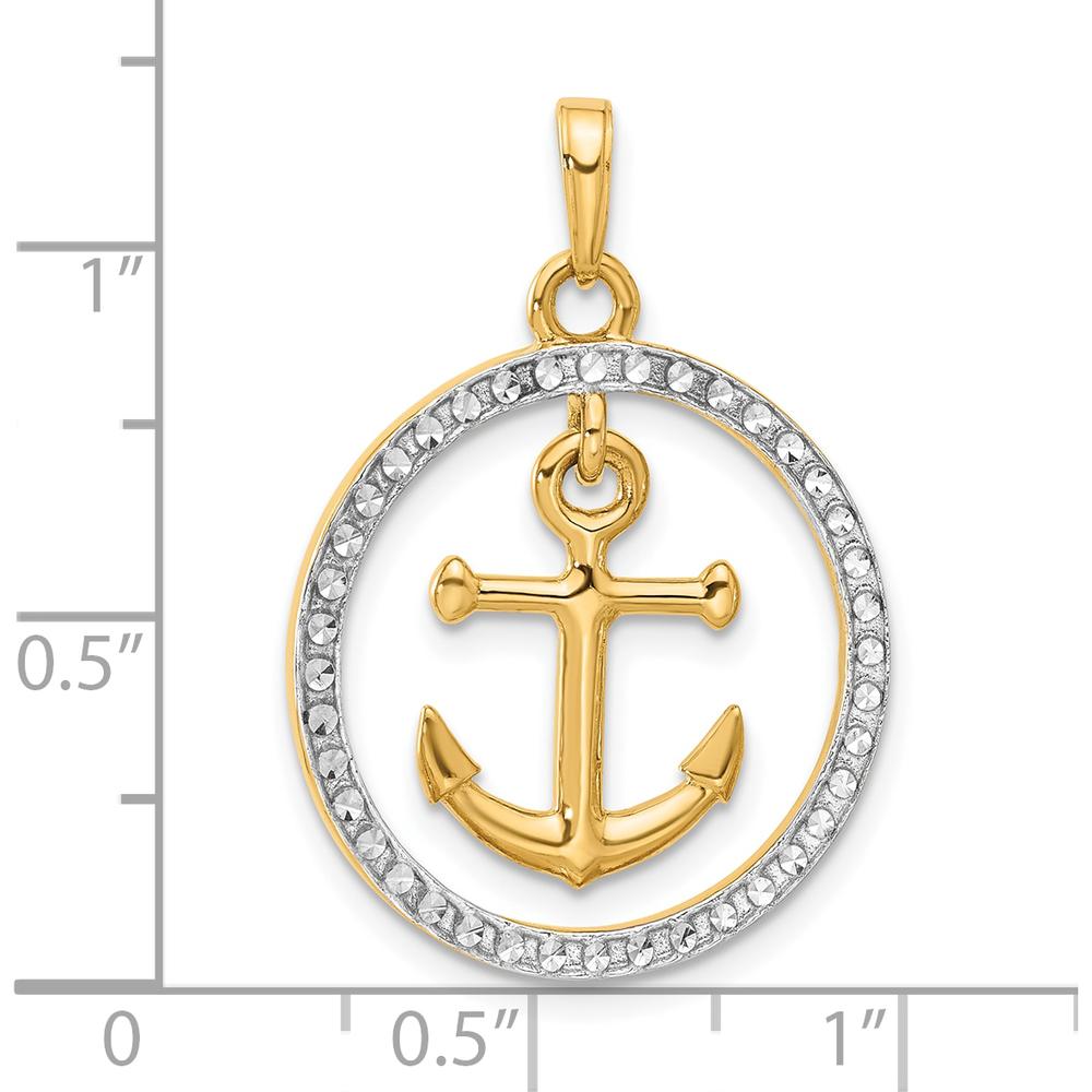 14K Yellow Gold and White Rhodium Diamond-Cut Anchor Dangle Pendant - 31.25mm Length by Oro Pregiato