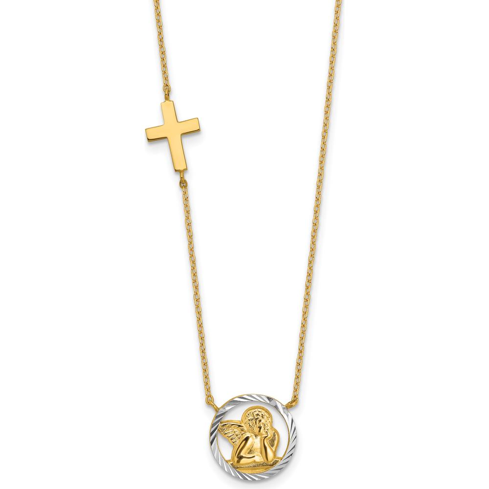 14K Yellow Gold and White Rhodium Diamond-Cut Angel and Cross 17" Necklace by 0