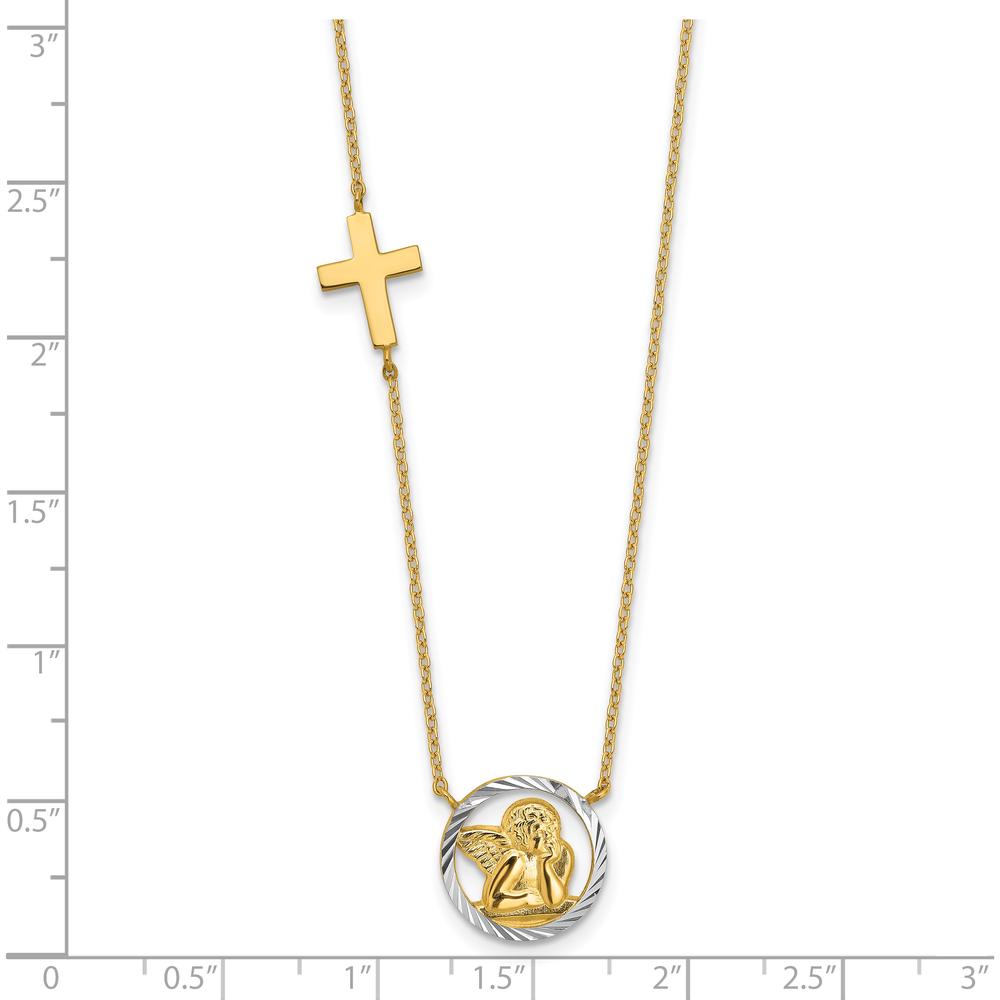14K Yellow Gold and White Rhodium Diamond-Cut Angel and Cross 17" Necklace by 0