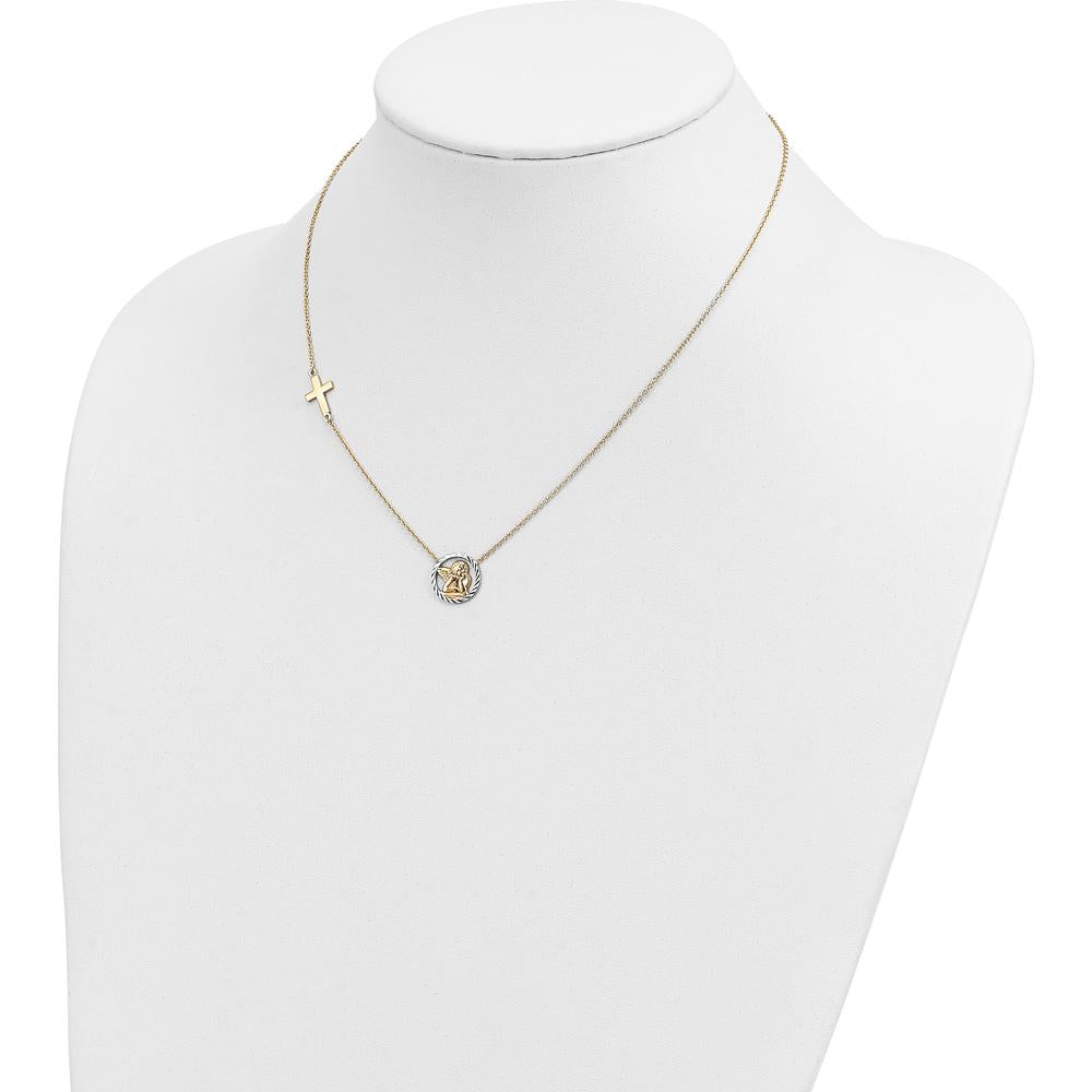 14K Yellow Gold and White Rhodium Diamond-Cut Angel and Cross 17" Necklace by 0