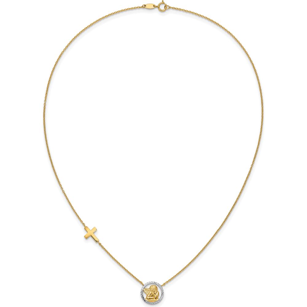14K Yellow Gold and White Rhodium Diamond-Cut Angel and Cross 17" Necklace by 0