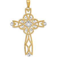 14K Yellow Gold and White Rhodium Diamond-Cut Beaded Trim Cross Pendant - 47mm by Oro Pregiato