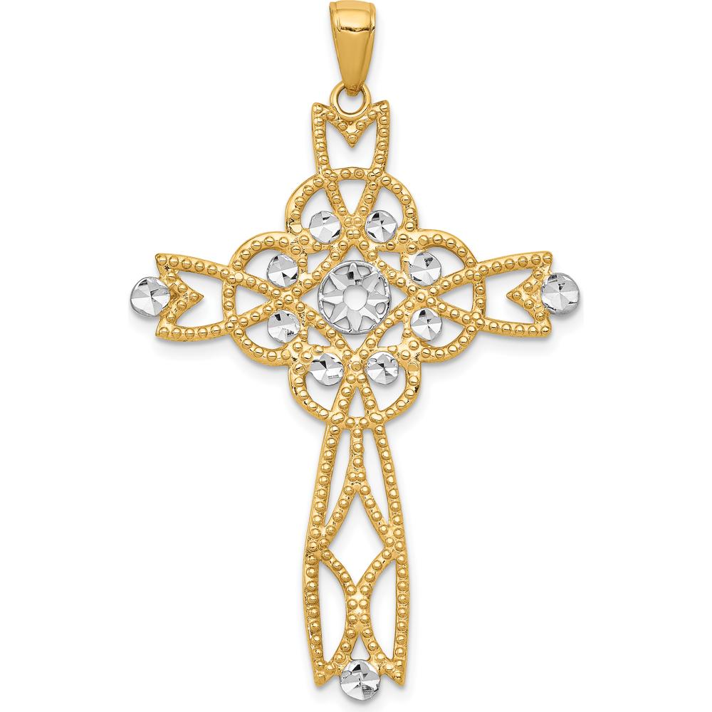 14K Yellow Gold and White Rhodium Diamond-Cut Beaded Trim Cross Pendant - 47mm by Oro Pregiato
