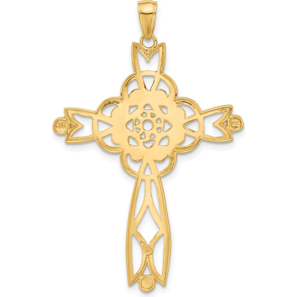 14K Yellow Gold and White Rhodium Diamond-Cut Beaded Trim Cross Pendant - 47mm by Oro Pregiato