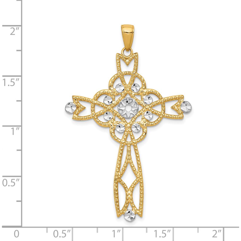 14K Yellow Gold and White Rhodium Diamond-Cut Beaded Trim Cross Pendant - 47mm by Oro Pregiato