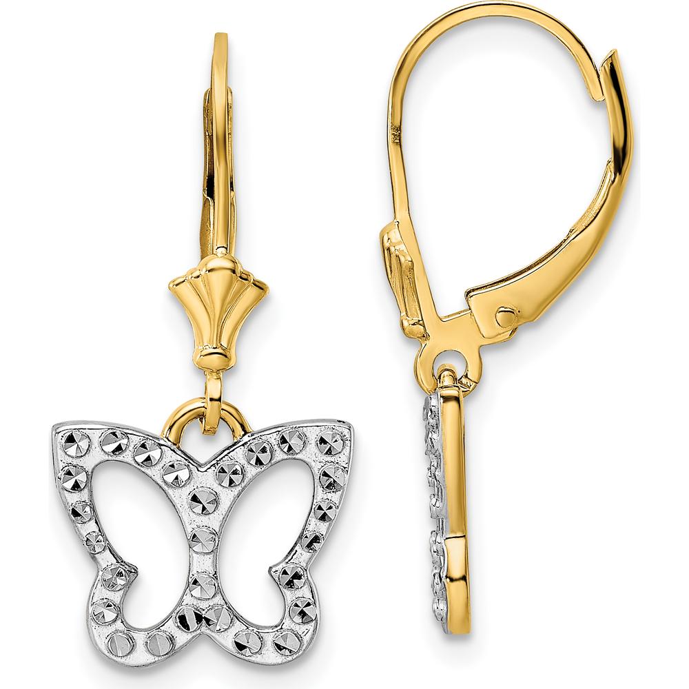 14K Yellow Gold and White Rhodium Diamond-Cut Butterfly Leverback Earrings by 0