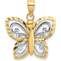 14K Yellow Gold and White Rhodium Diamond-cut Butterfly Pendant - 19.7mm Length by Oro Pregiato