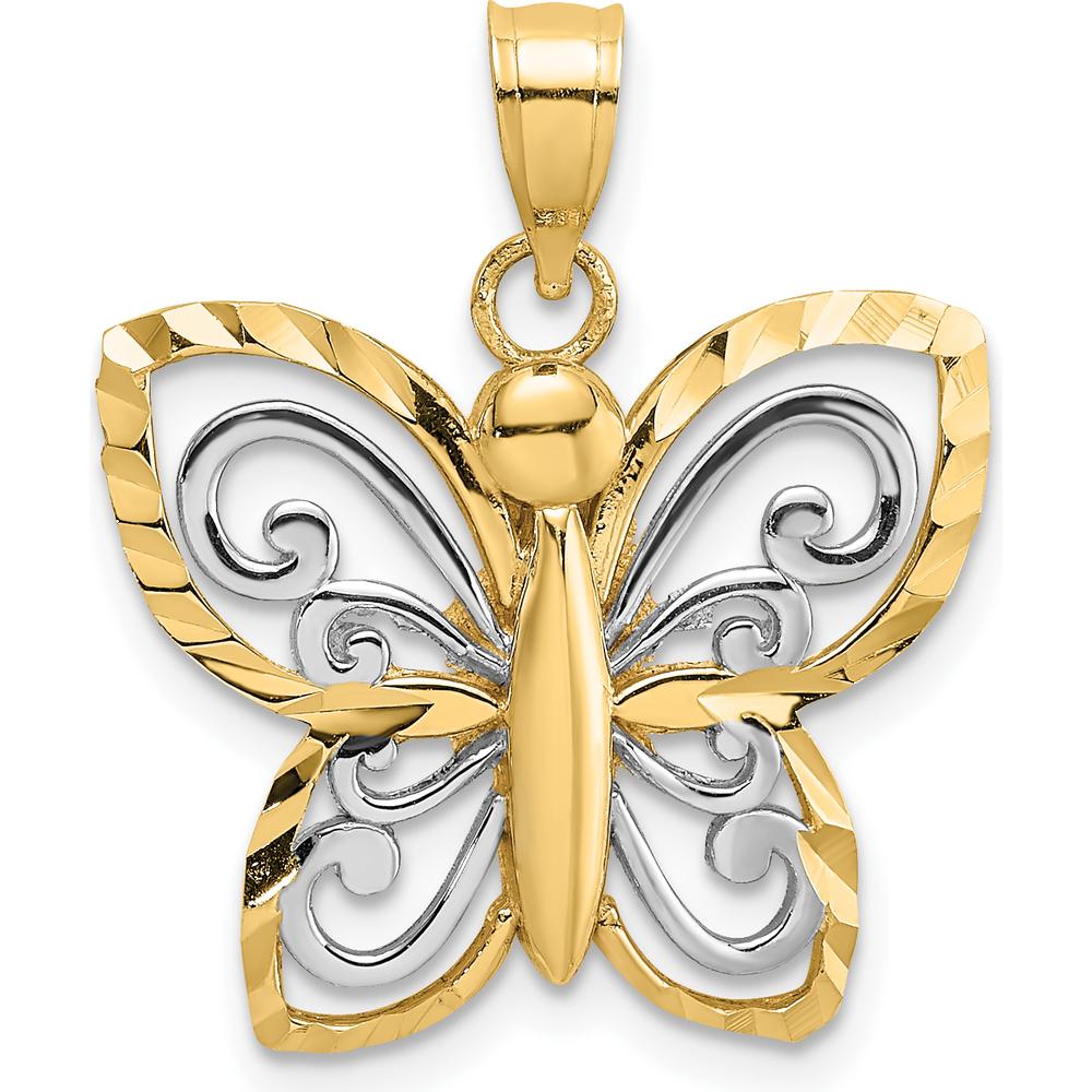 14K Yellow Gold and White Rhodium Diamond-cut Butterfly Pendant - 19.7mm Length by Oro Pregiato