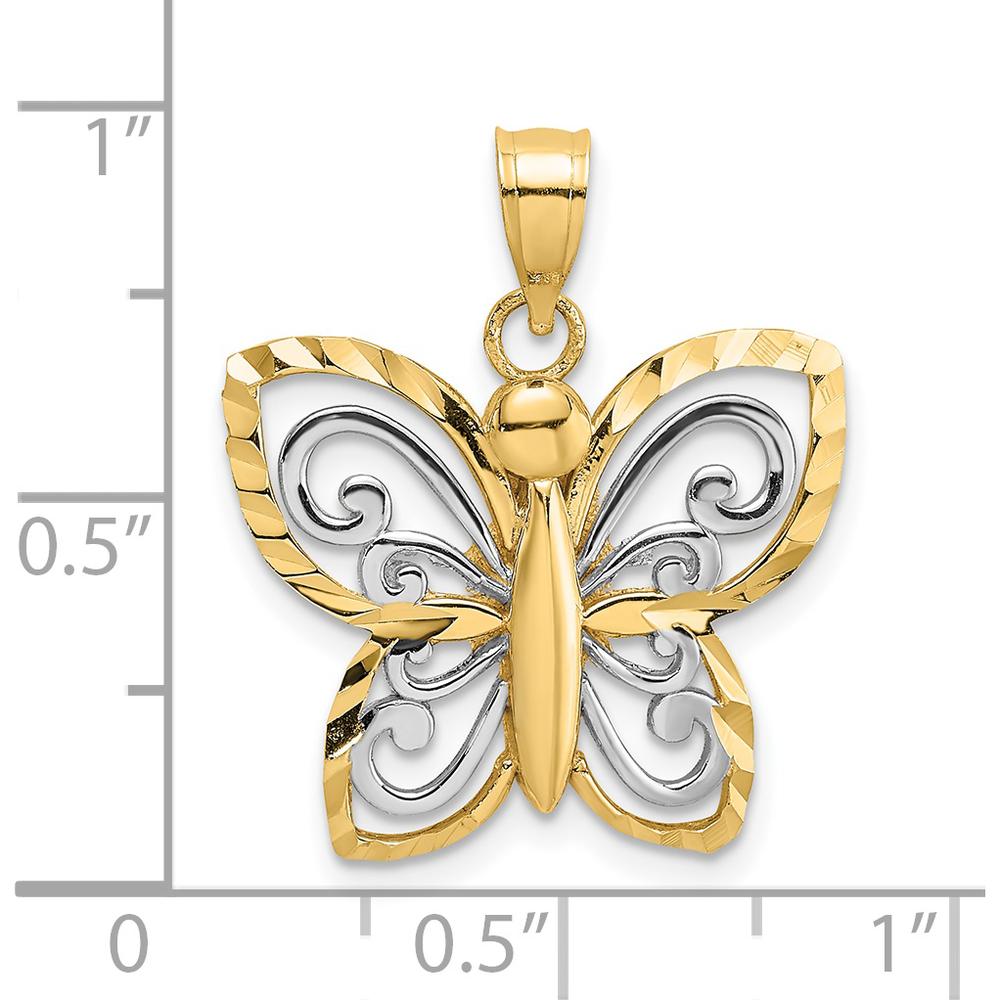 14K Yellow Gold and White Rhodium Diamond-cut Butterfly Pendant - 19.7mm Length by Oro Pregiato